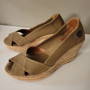 Tory Burch Tan Wedge Peep Toe Shoes